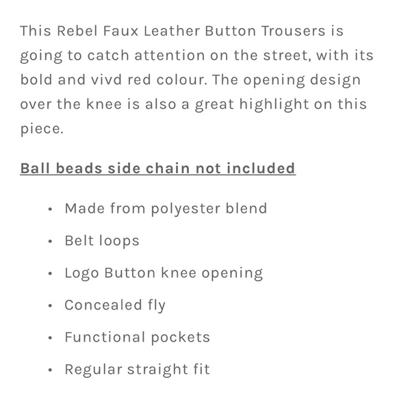 Somewhere Nowhere REBEL FAUX LEATHER BUTTON TROUSERS- M - Picture 11 of 12